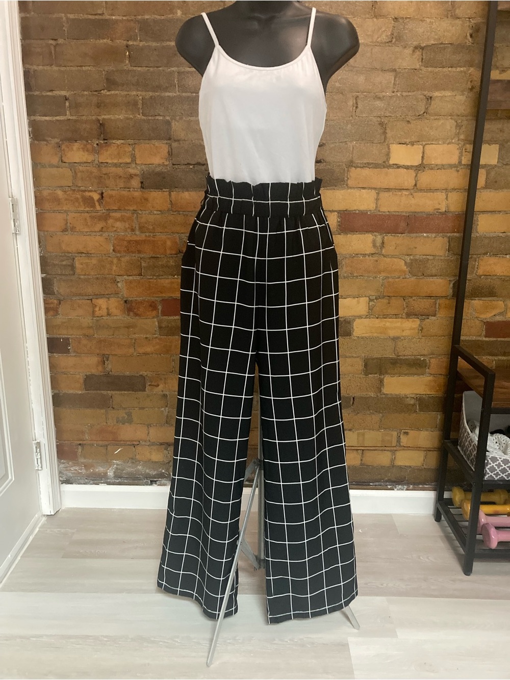 Japna Black Windowpane High-Rise Wide-Leg Pants